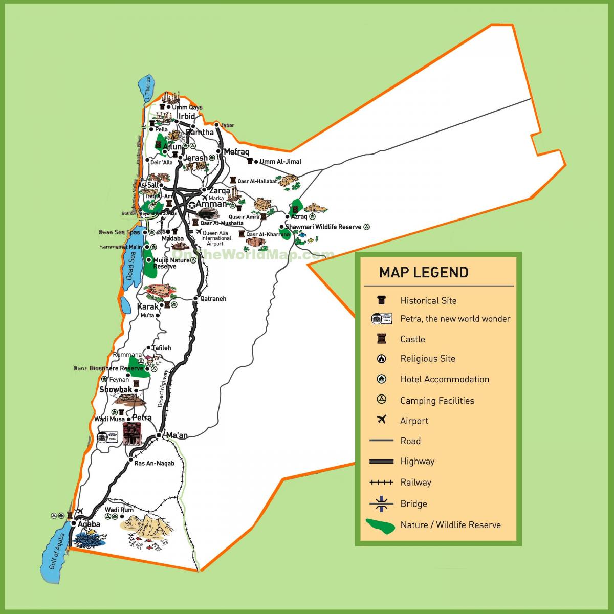 地图上的约旦的旅游景点
